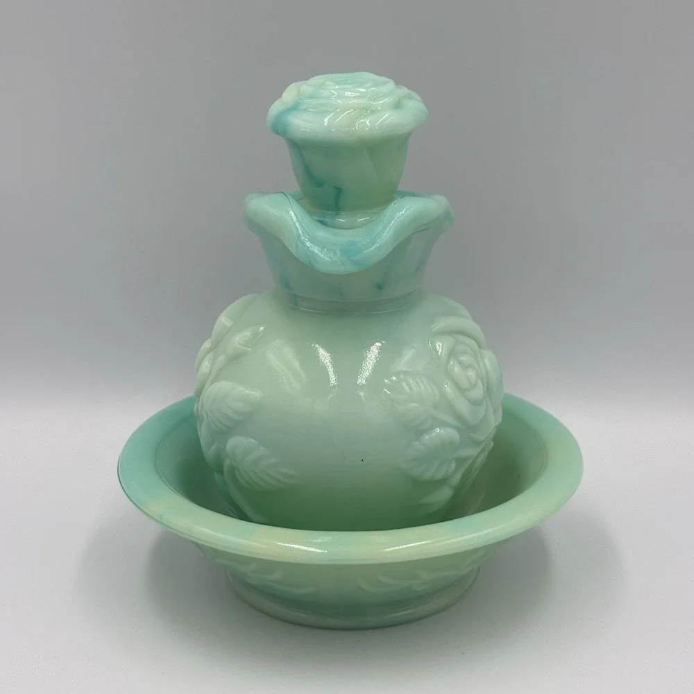 Vintage Avon Aqua Blue Jade Rose Mini Pitcher Bowl Vanity Bottle Set Grandmacore